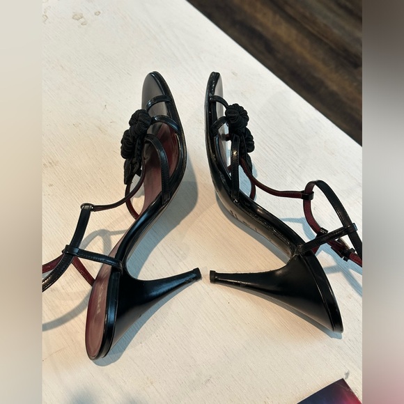 PRADA Chocolate Satin Flower Applique Accent Ankle Strap 3.5" Heel 36.5 Size 38 - Picture 3 of 15